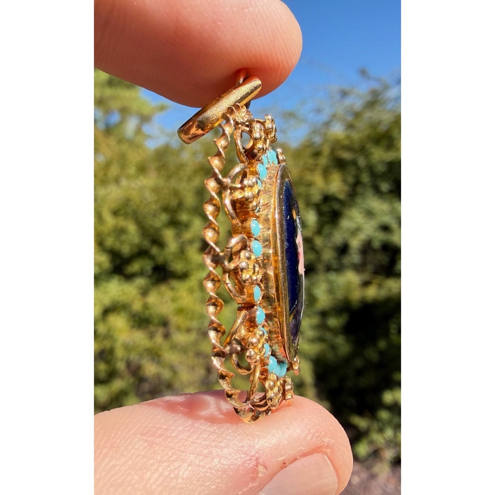Antique‎ 20k Solid Yellow Gold Filigree Enamel Cameo Turqiouse Pendant Portugal - Picture 9 of 11